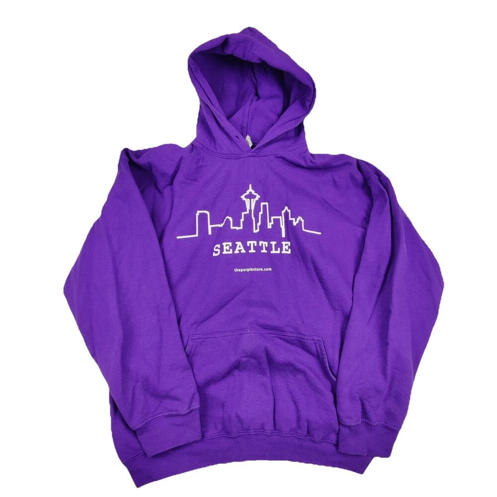 Gildan Hoodie Mens XL Purple Fleece Seattle Graphic Kangaroo Pocket Pullover